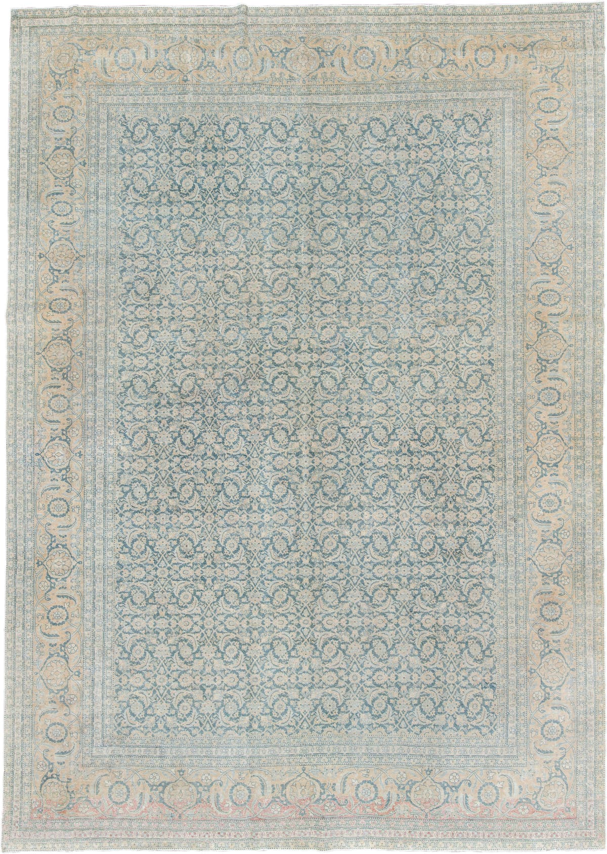 9' x 12' one-of-a-kind handmade antique Tabriz large size rug. Color palette: ivory, pale blue, blue gray, beige, blush