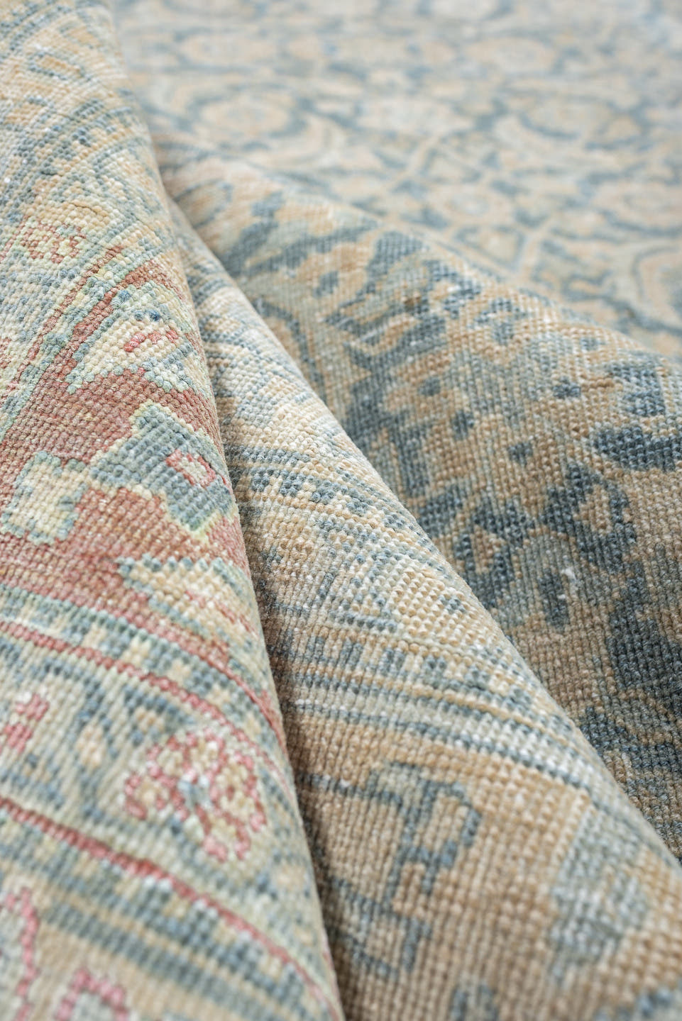 9' x 12' one-of-a-kind handmade antique Tabriz large size rug. Color palette: ivory, pale blue, blue gray, beige, blush