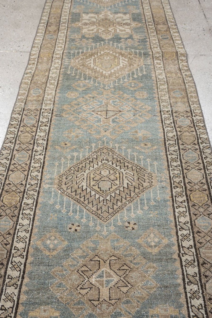 2' x 14' one-of-a-kind handmade antique Karaje runner rug. Color palette: blue gray, ivory, taupe, charcoal, camel