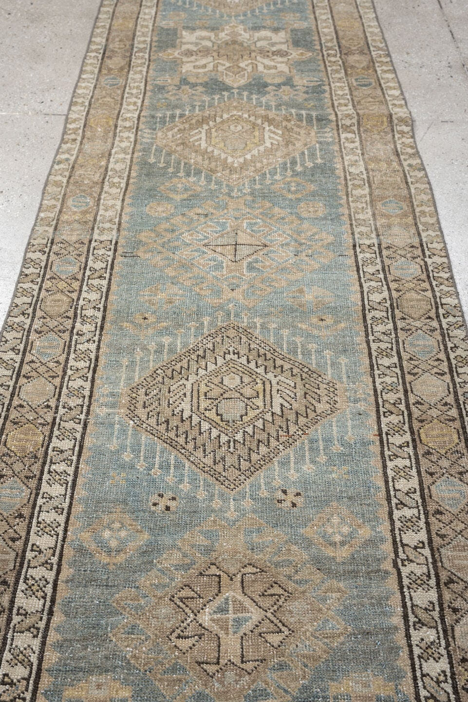 2' x 14' one-of-a-kind handmade antique Karaje runner rug. Color palette: blue gray, ivory, taupe, charcoal, camel