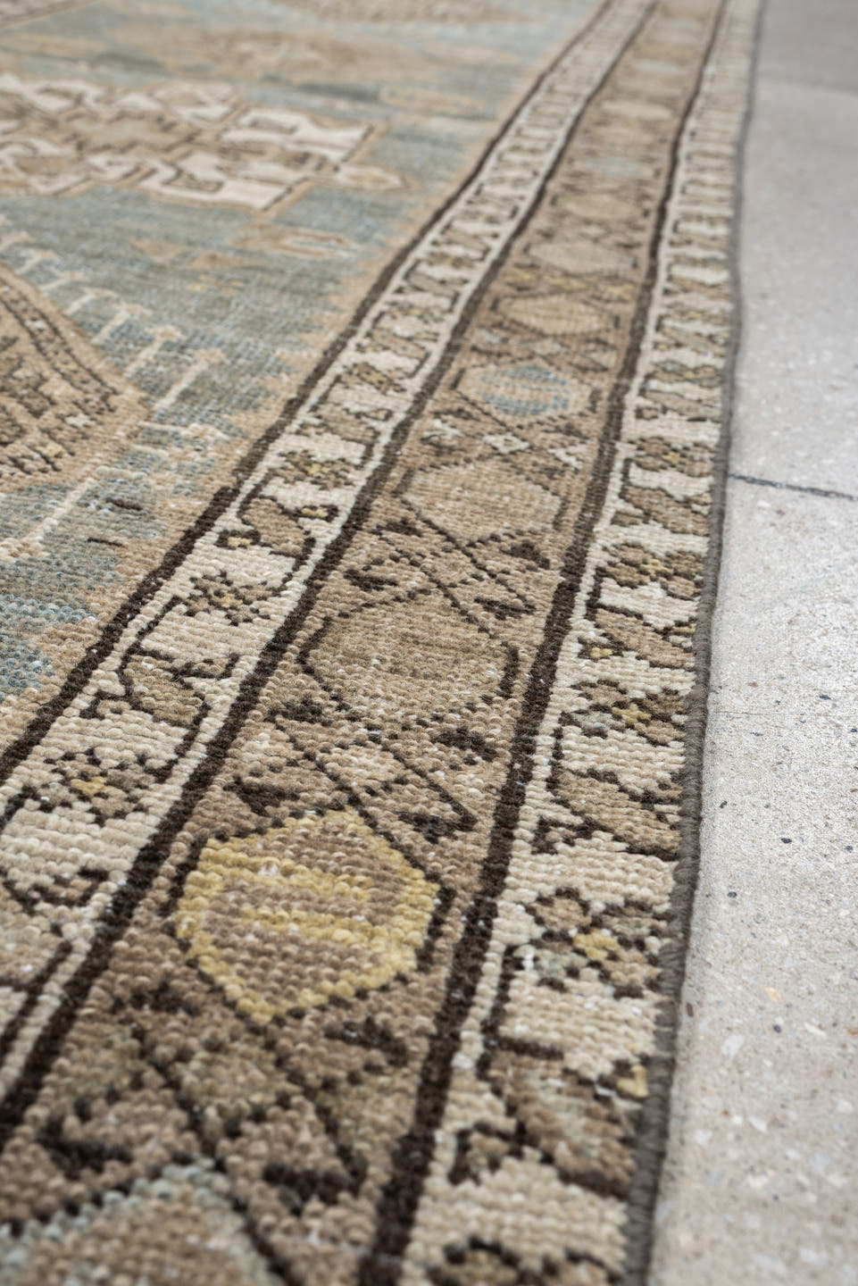 2' x 14' one-of-a-kind handmade antique Karaje runner rug. Color palette: blue gray, ivory, taupe, charcoal, camel