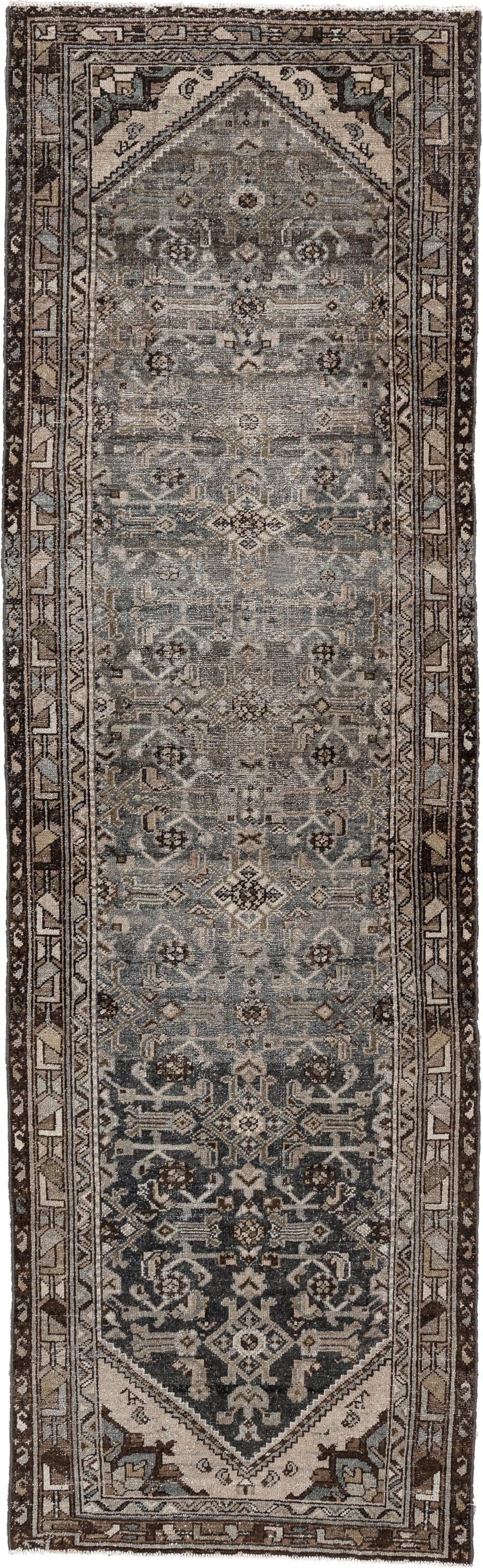 3' x 9' one-of-a-kind handmade antique Malayer runner rug. Color palette: blue gray, charcoal, ivory, taupe, brown, slate