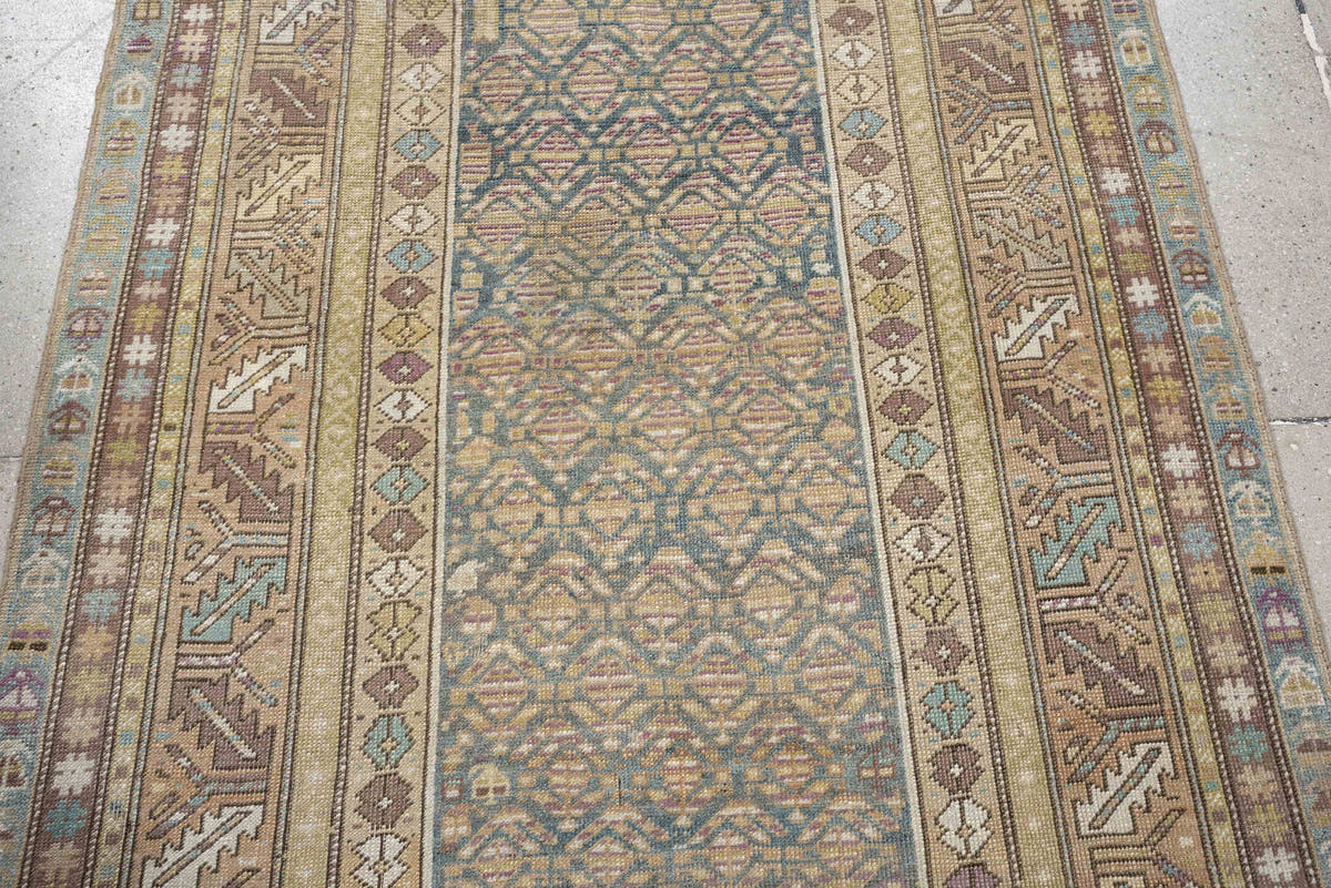 3' x 8' one-of-a-kind handmade antique Kurd runner rug. Color palette: blue gray, ivory, taupe, dusty rose, muted teal, sage