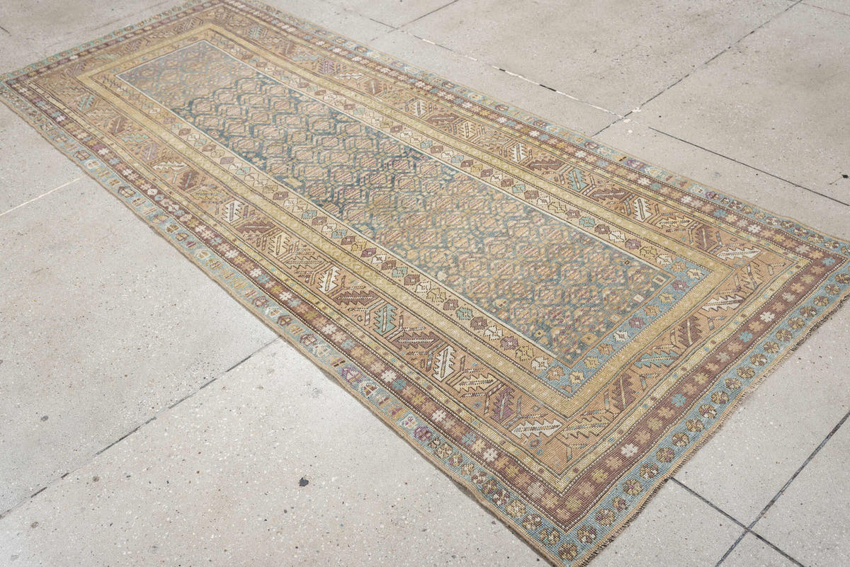 3' x 8' one-of-a-kind handmade antique Kurd runner rug. Color palette: blue gray, ivory, taupe, dusty rose, muted teal, sage