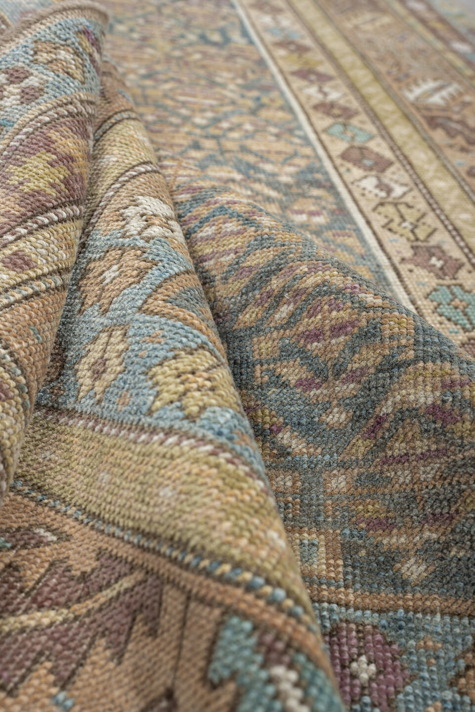 3' x 8' one-of-a-kind handmade antique Kurd runner rug. Color palette: blue gray, ivory, taupe, dusty rose, muted teal, sage