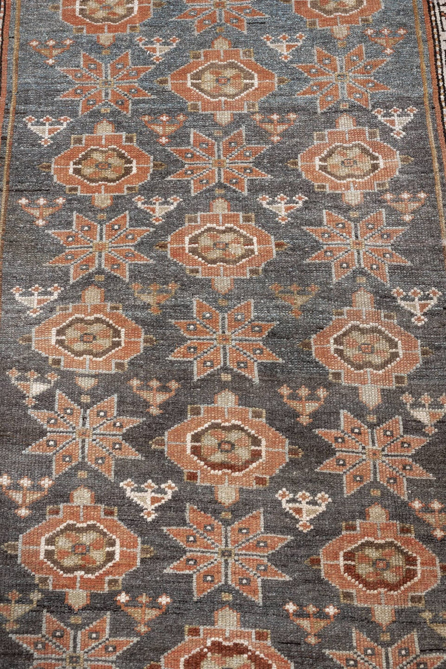 3' x 8' one-of-a-kind handmade antique Hamadan runner rug. Color palette: charcoal, terracotta, ivory, taupe, brown, slate
