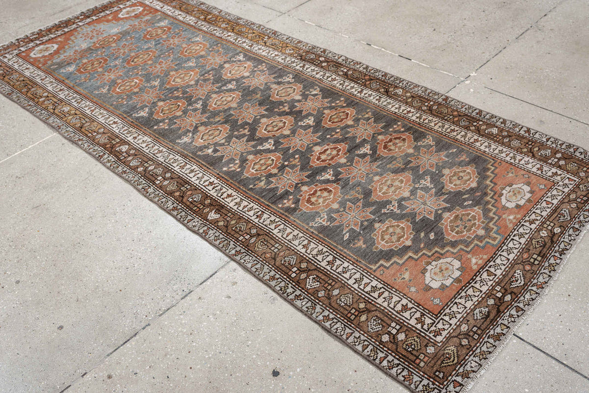 3' x 8' one-of-a-kind handmade antique Hamadan runner rug. Color palette: charcoal, terracotta, ivory, taupe, brown, slate