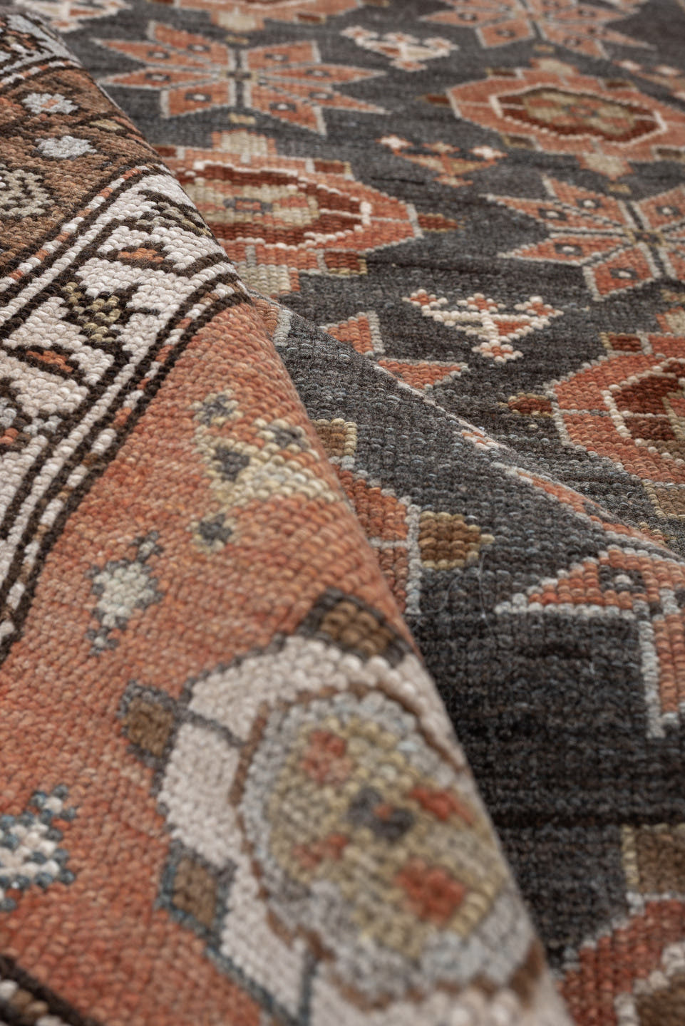 3' x 8' one-of-a-kind handmade antique Hamadan runner rug. Color palette: charcoal, terracotta, ivory, taupe, brown, slate