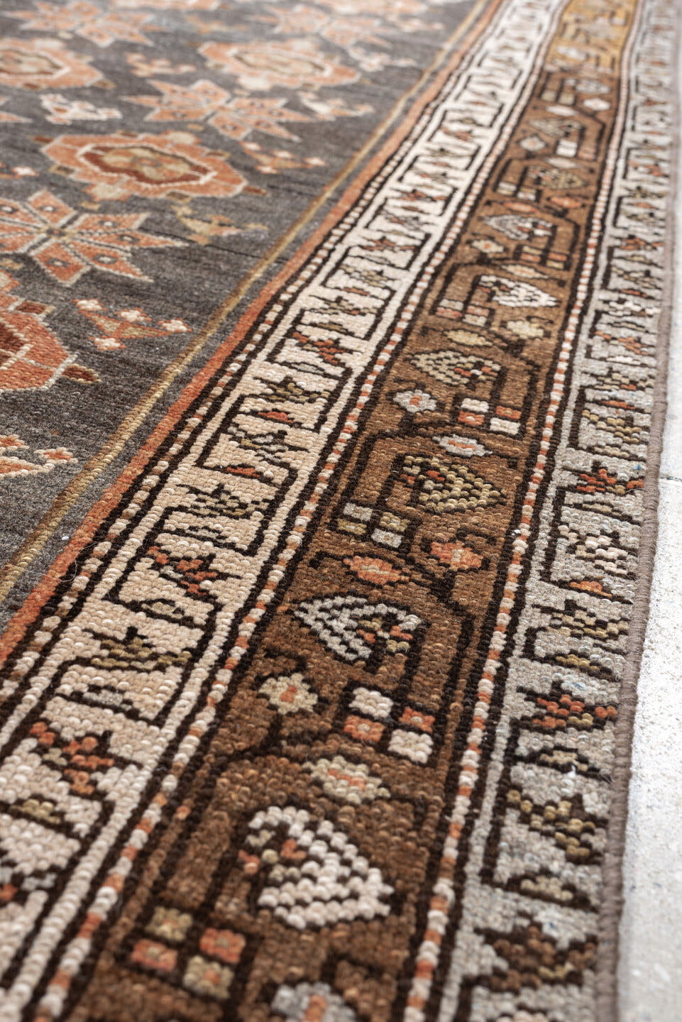 3' x 8' one-of-a-kind handmade antique Hamadan runner rug. Color palette: charcoal, terracotta, ivory, taupe, brown, slate