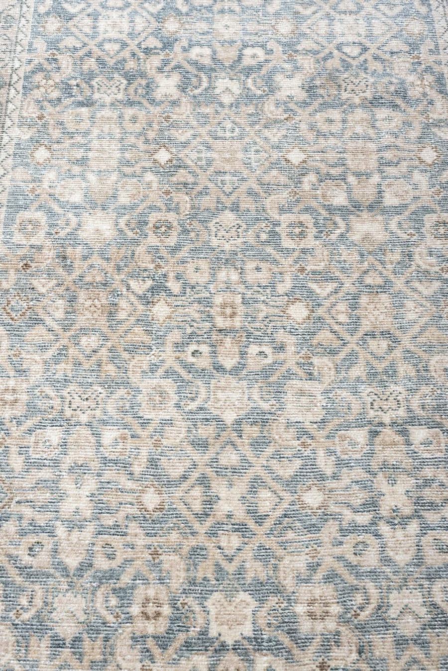 3' x 8' one-of-a-kind handmade antique Hamadan runner rug. Color palette: blue gray, ivory, cream, taupe, charcoal, beige