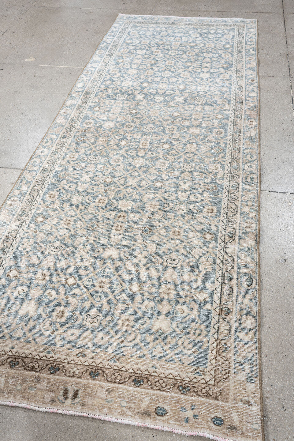 3' x 8' one-of-a-kind handmade antique Hamadan runner rug. Color palette: blue gray, ivory, cream, taupe, charcoal, beige
