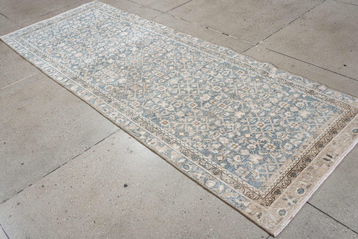 3' x 8' one-of-a-kind handmade antique Hamadan runner rug. Color palette: blue gray, ivory, cream, taupe, charcoal, beige