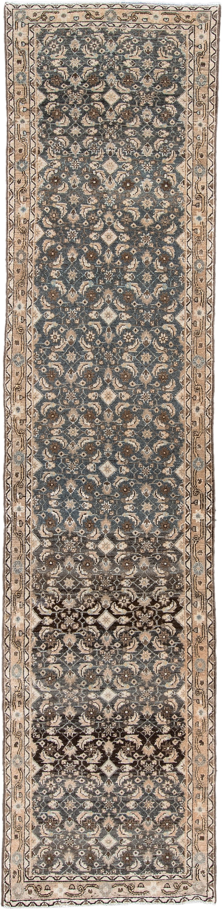 2' x 11' one-of-a-kind handmade antique Malayer runner rug. Color palette: blue gray, ivory, taupe, charcoal, camel, brown