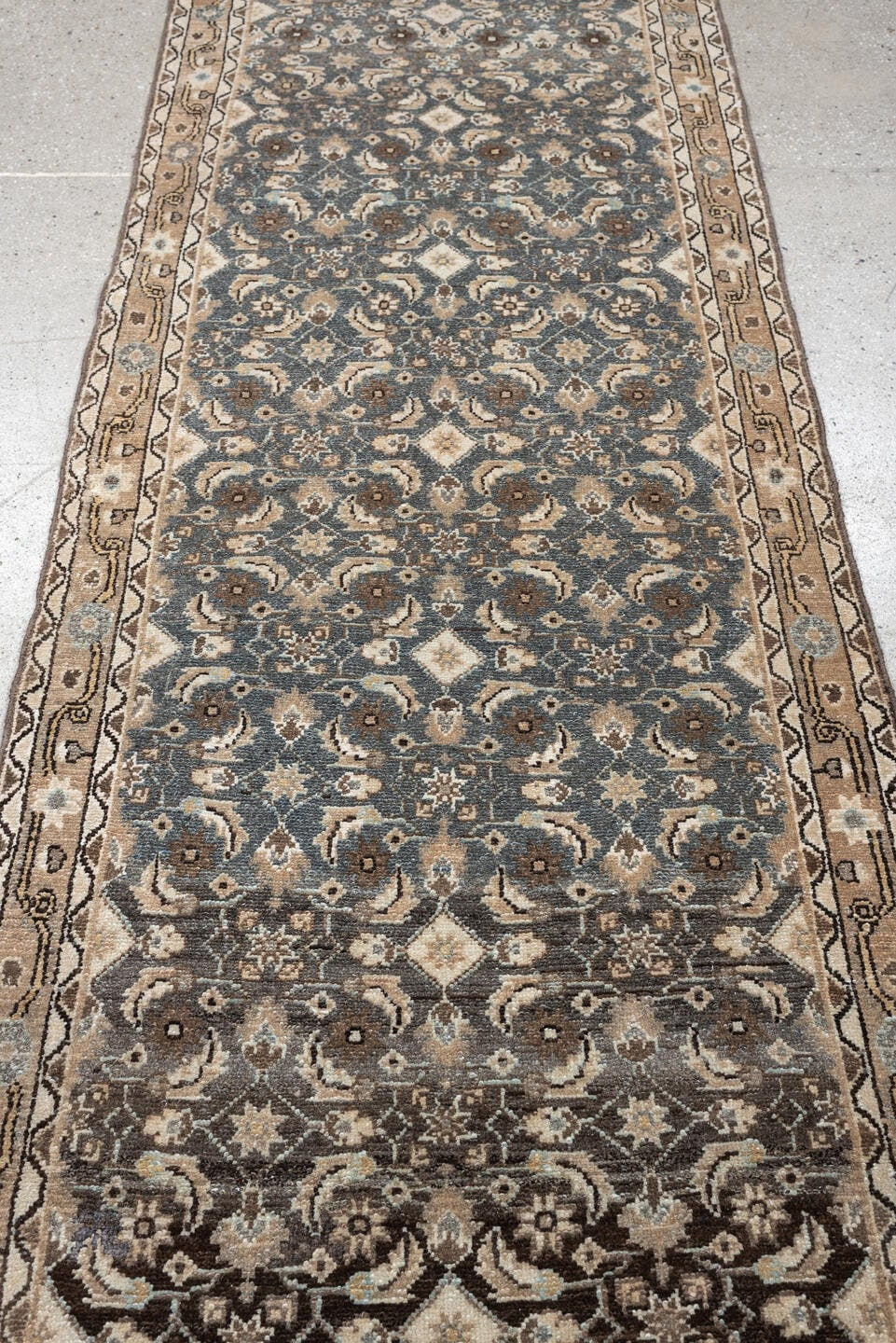 2' x 11' one-of-a-kind handmade antique Malayer runner rug. Color palette: blue gray, ivory, taupe, charcoal, camel, brown