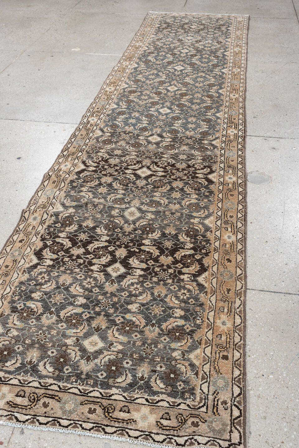 2' x 11' one-of-a-kind handmade antique Malayer runner rug. Color palette: blue gray, ivory, taupe, charcoal, camel, brown