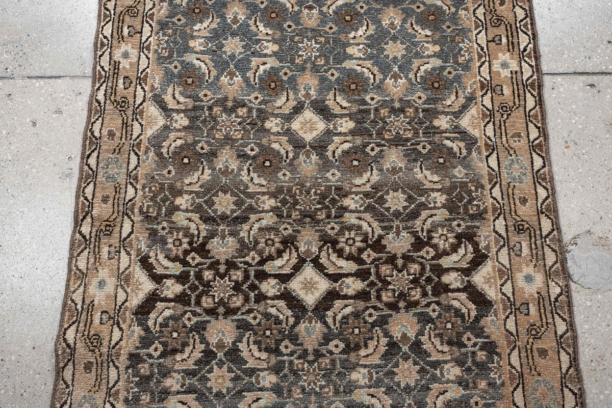 2' x 11' one-of-a-kind handmade antique Malayer runner rug. Color palette: blue gray, ivory, taupe, charcoal, camel, brown