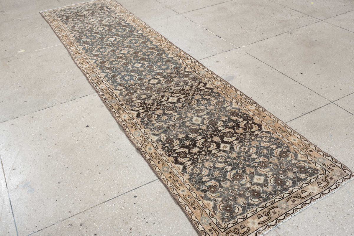 2' x 11' one-of-a-kind handmade antique Malayer runner rug. Color palette: blue gray, ivory, taupe, charcoal, camel, brown