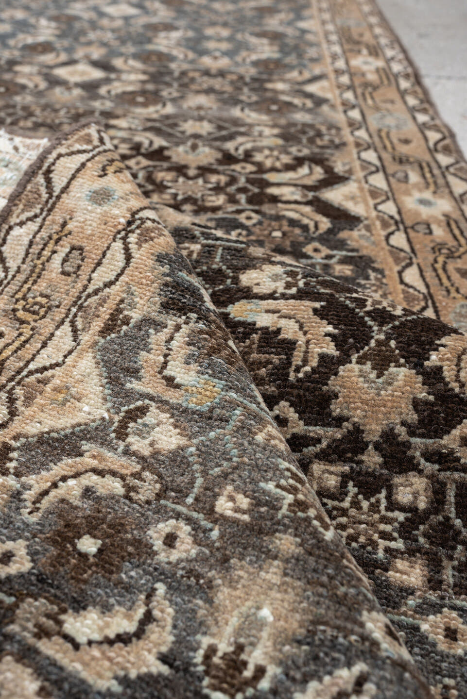 2' x 11' one-of-a-kind handmade antique Malayer runner rug. Color palette: blue gray, ivory, taupe, charcoal, camel, brown