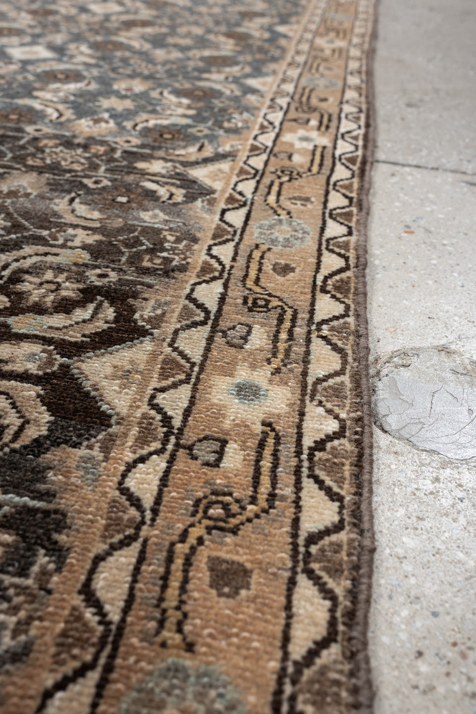 2' x 11' one-of-a-kind handmade antique Malayer runner rug. Color palette: blue gray, ivory, taupe, charcoal, camel, brown