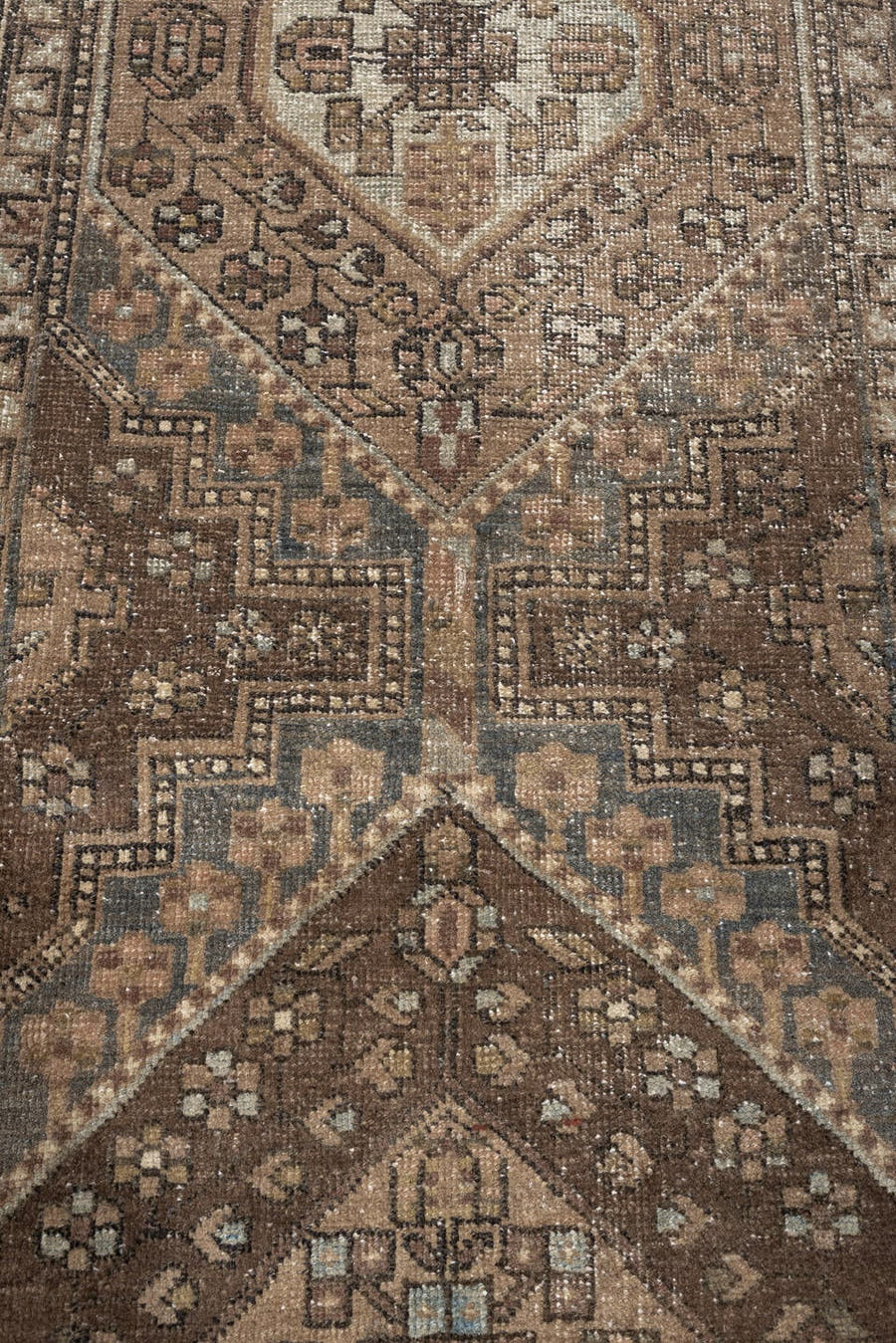 3' x 7' one-of-a-kind handmade antique Karaje runner rug. Color palette: brown, taupe, ivory, blue gray, dusty rose