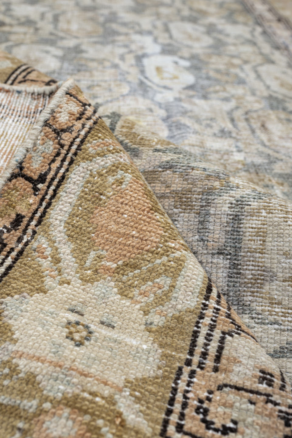 2' x 12' one-of-a-kind handmade antique Malayer runner rug. Color palette: blue gray, ivory, muted rose, taupe, charcoal