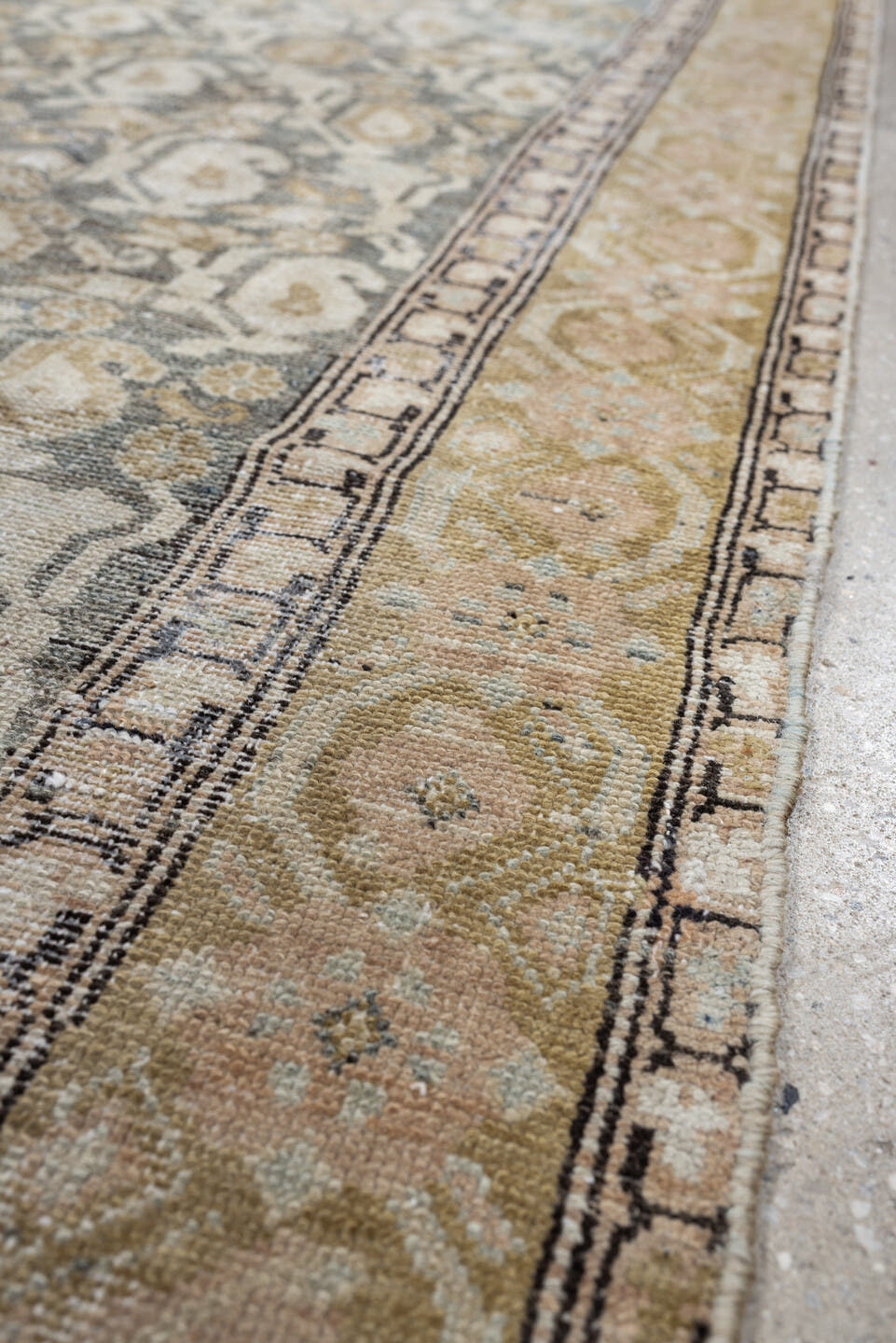 2' x 12' one-of-a-kind handmade antique Malayer runner rug. Color palette: blue gray, ivory, muted rose, taupe, charcoal