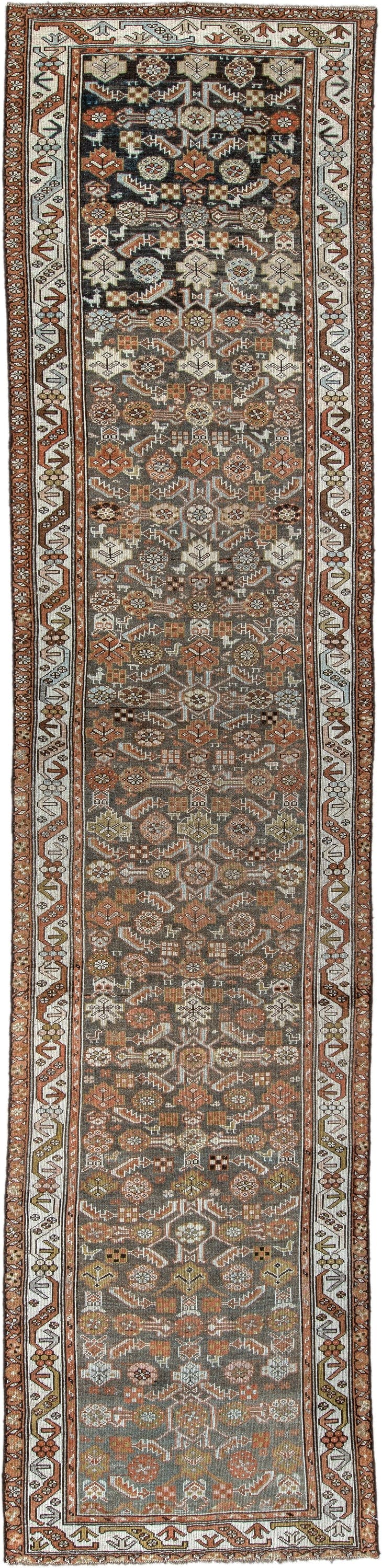 3' x 13' one-of-a-kind handmade antique Malayer runner rug. Color palette: charcoal, rust, ivory, sage, ochre, taupe