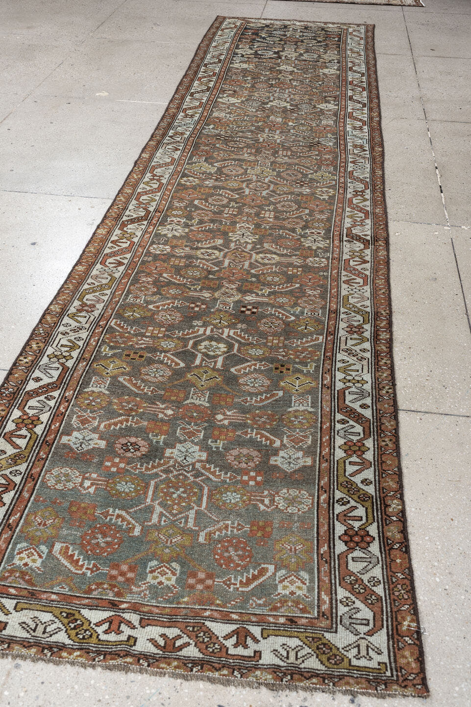 3' x 13' one-of-a-kind handmade antique Malayer runner rug. Color palette: charcoal, rust, ivory, sage, ochre, taupe