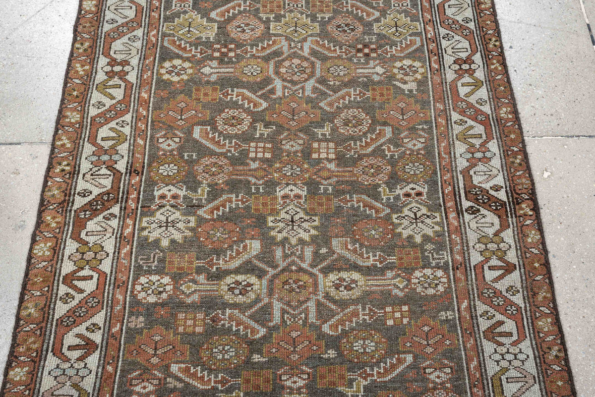 3' x 13' one-of-a-kind handmade antique Malayer runner rug. Color palette: charcoal, rust, ivory, sage, ochre, taupe