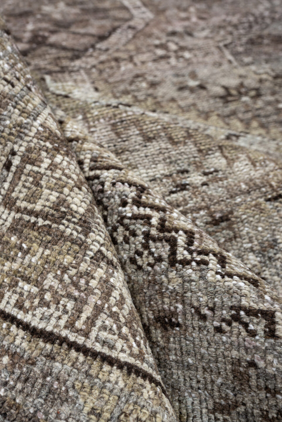 5' x 6' one-of-a-kind handmade antique Shiraz rug. Color palette: taupe, ivory, charcoal, blue gray, brown, slate, beige