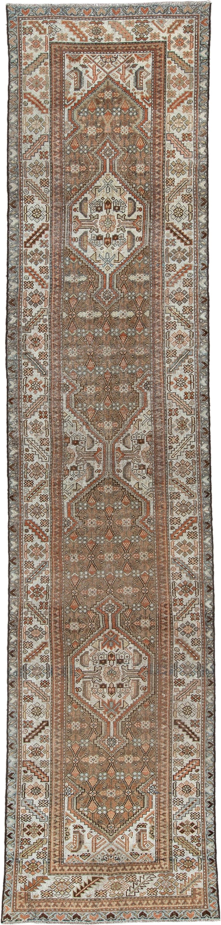 3' x 13' one-of-a-kind handmade antique Malayer runner rug. Color palette: camel, ivory, rust, sage, slate blue, charcoal