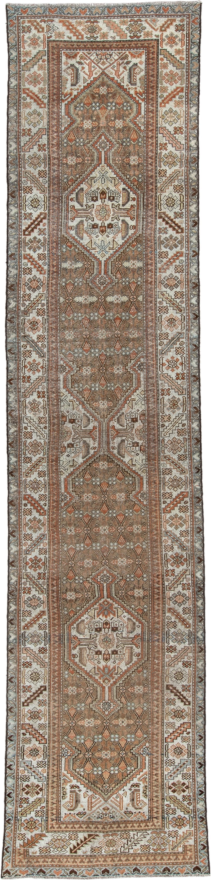 3' x 13' one-of-a-kind handmade antique Malayer runner rug. Color palette: camel, ivory, rust, sage, slate blue, charcoal