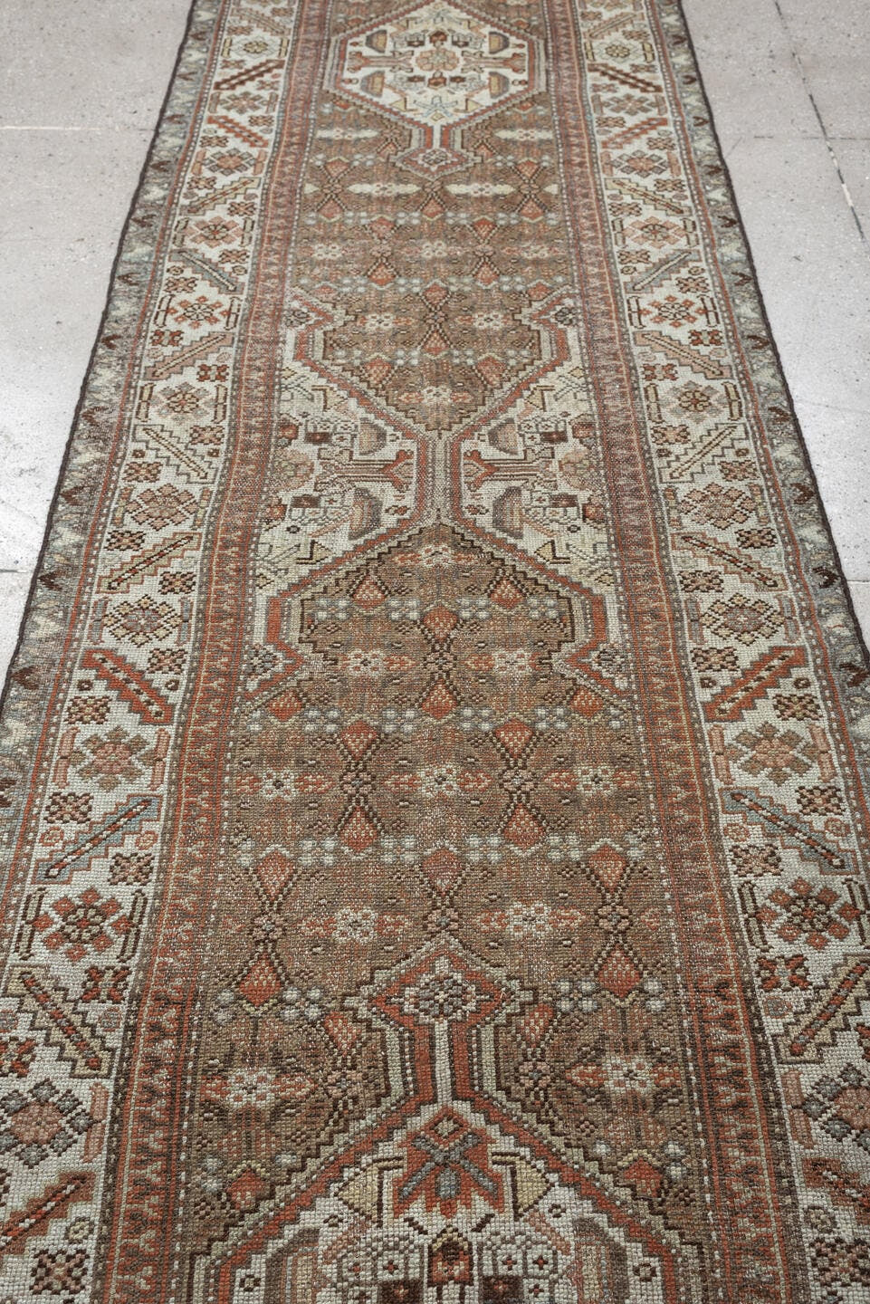 3' x 13' one-of-a-kind handmade antique Malayer runner rug. Color palette: camel, ivory, rust, sage, slate blue, charcoal