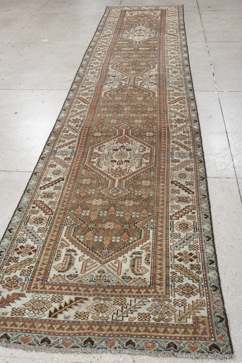 3' x 13' one-of-a-kind handmade antique Malayer runner rug. Color palette: camel, ivory, rust, sage, slate blue, charcoal
