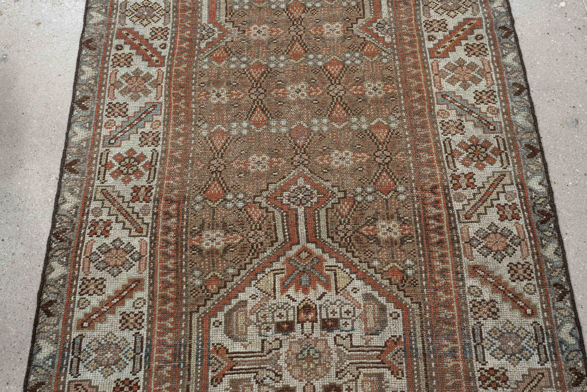 3' x 13' one-of-a-kind handmade antique Malayer runner rug. Color palette: camel, ivory, rust, sage, slate blue, charcoal