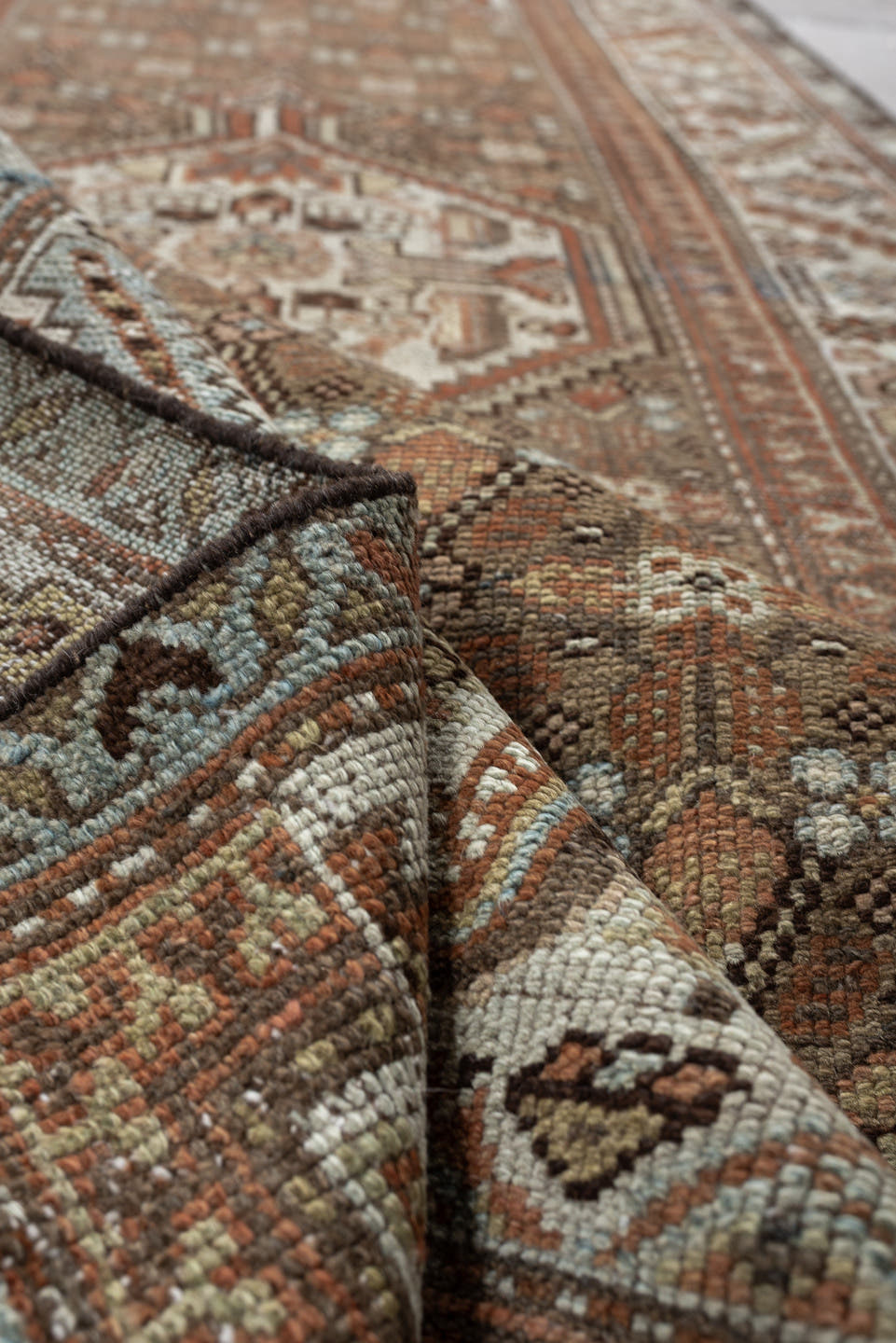 3' x 13' one-of-a-kind handmade antique Malayer runner rug. Color palette: camel, ivory, rust, sage, slate blue, charcoal
