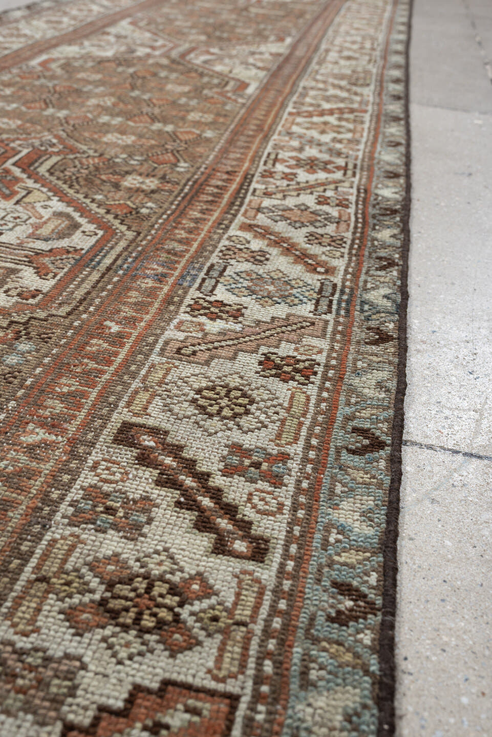 3' x 13' one-of-a-kind handmade antique Malayer runner rug. Color palette: camel, ivory, rust, sage, slate blue, charcoal