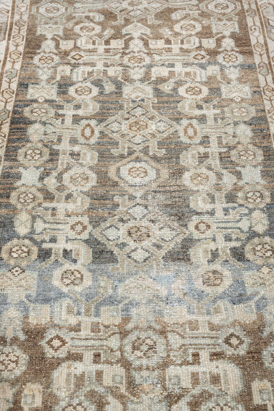 3' x 9' one-of-a-kind handmade antique Malayer runner rug. Color palette: taupe, ivory, blue gray, terracotta, camel, sage