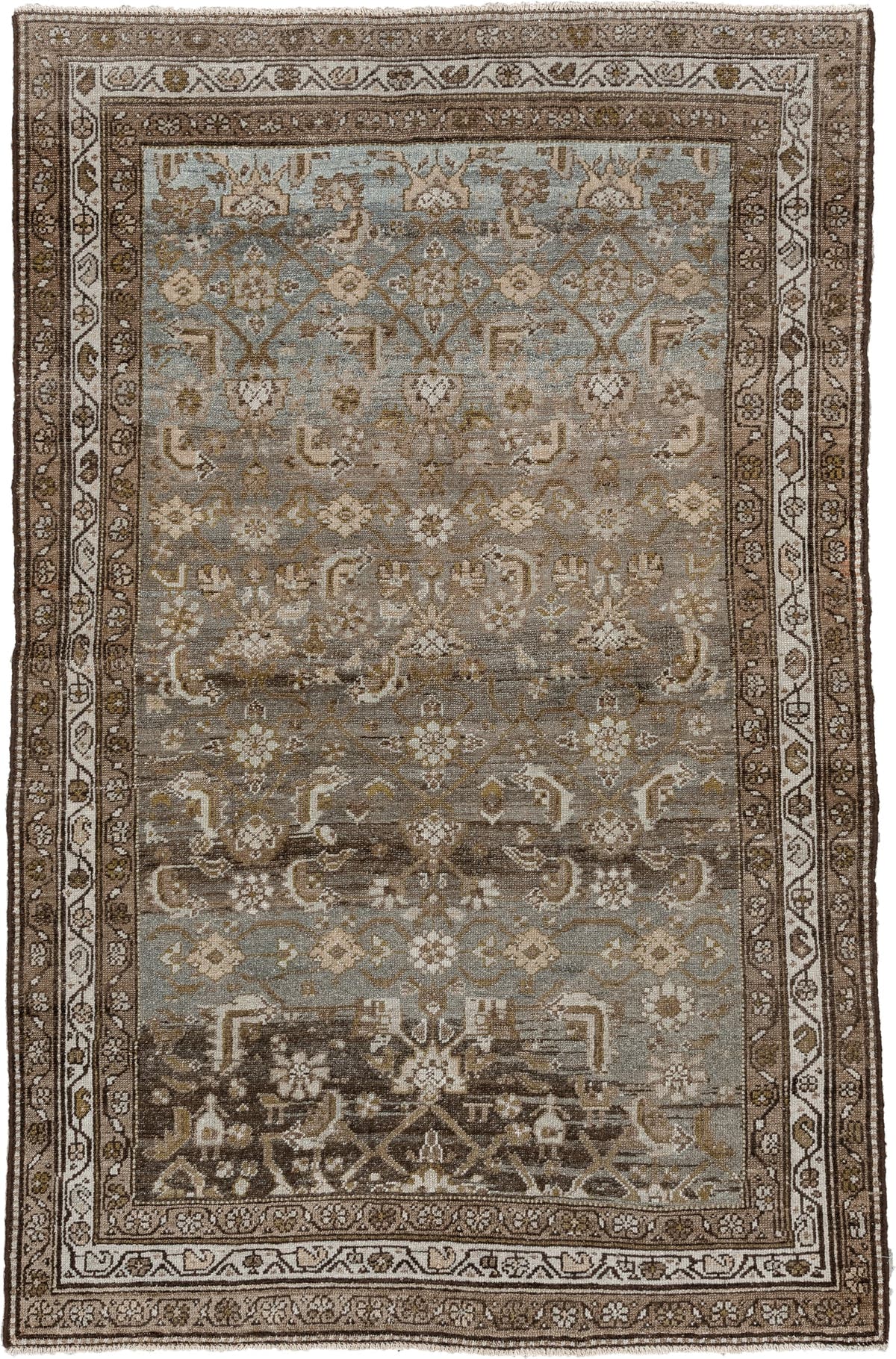 4' x 6' one-of-a-kind handmade antique Malayer rug. Color palette: brown, blue gray, ivory, taupe, camel, charcoal, olive