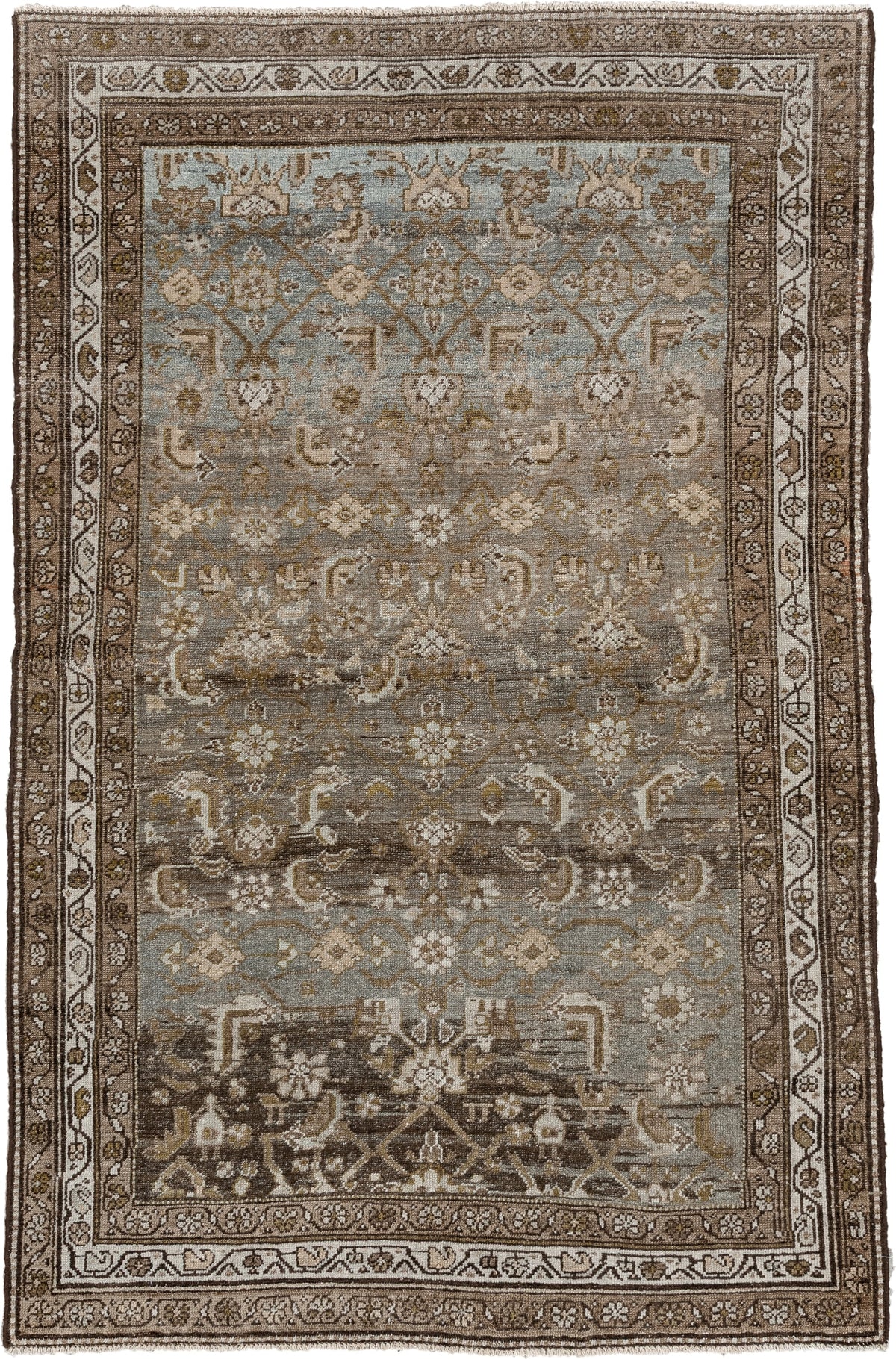 4' x 6' one-of-a-kind handmade antique Malayer rug. Color palette: brown, blue gray, ivory, taupe, camel, charcoal, olive