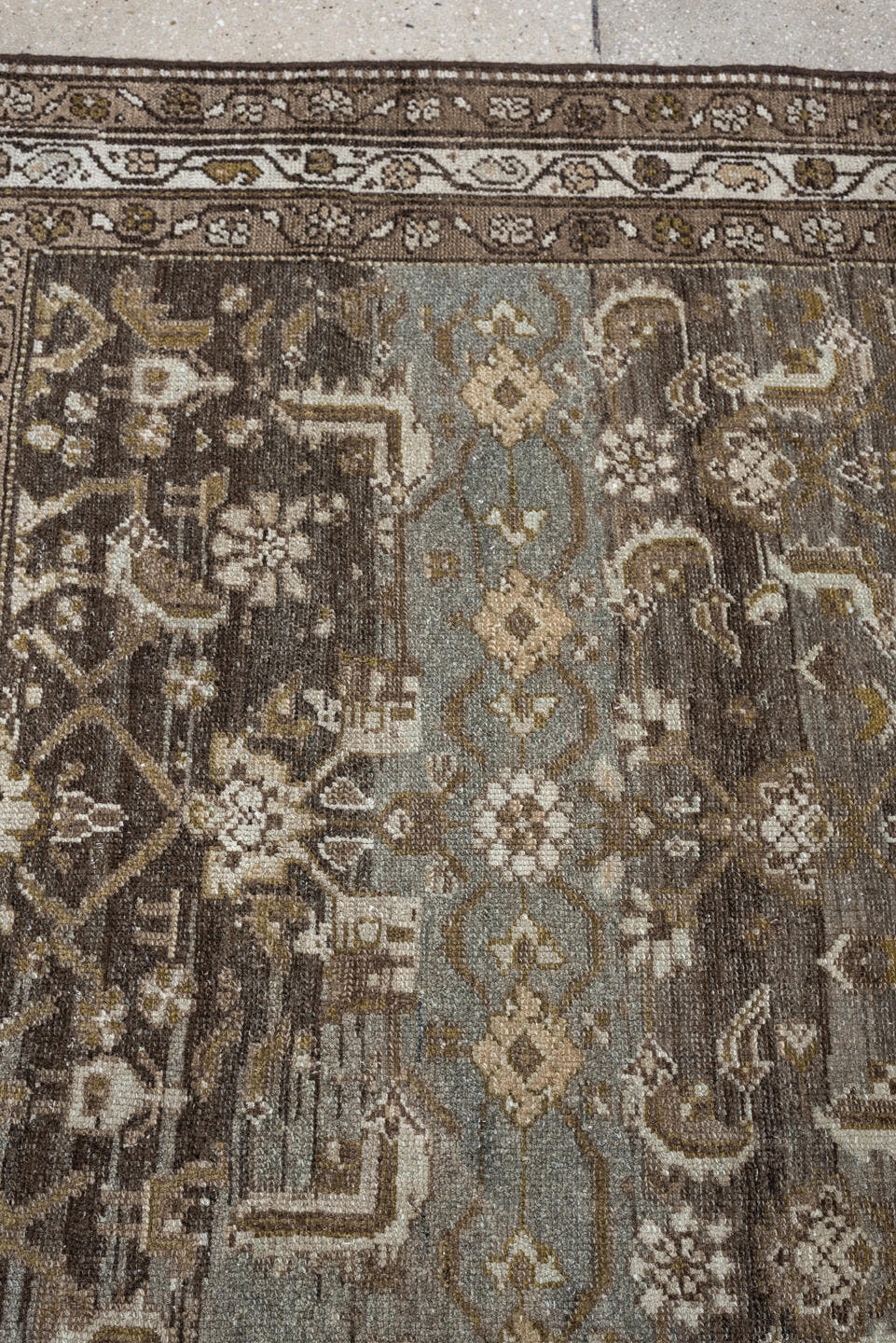 4' x 6' one-of-a-kind handmade antique Malayer rug. Color palette: brown, blue gray, ivory, taupe, camel, charcoal, olive