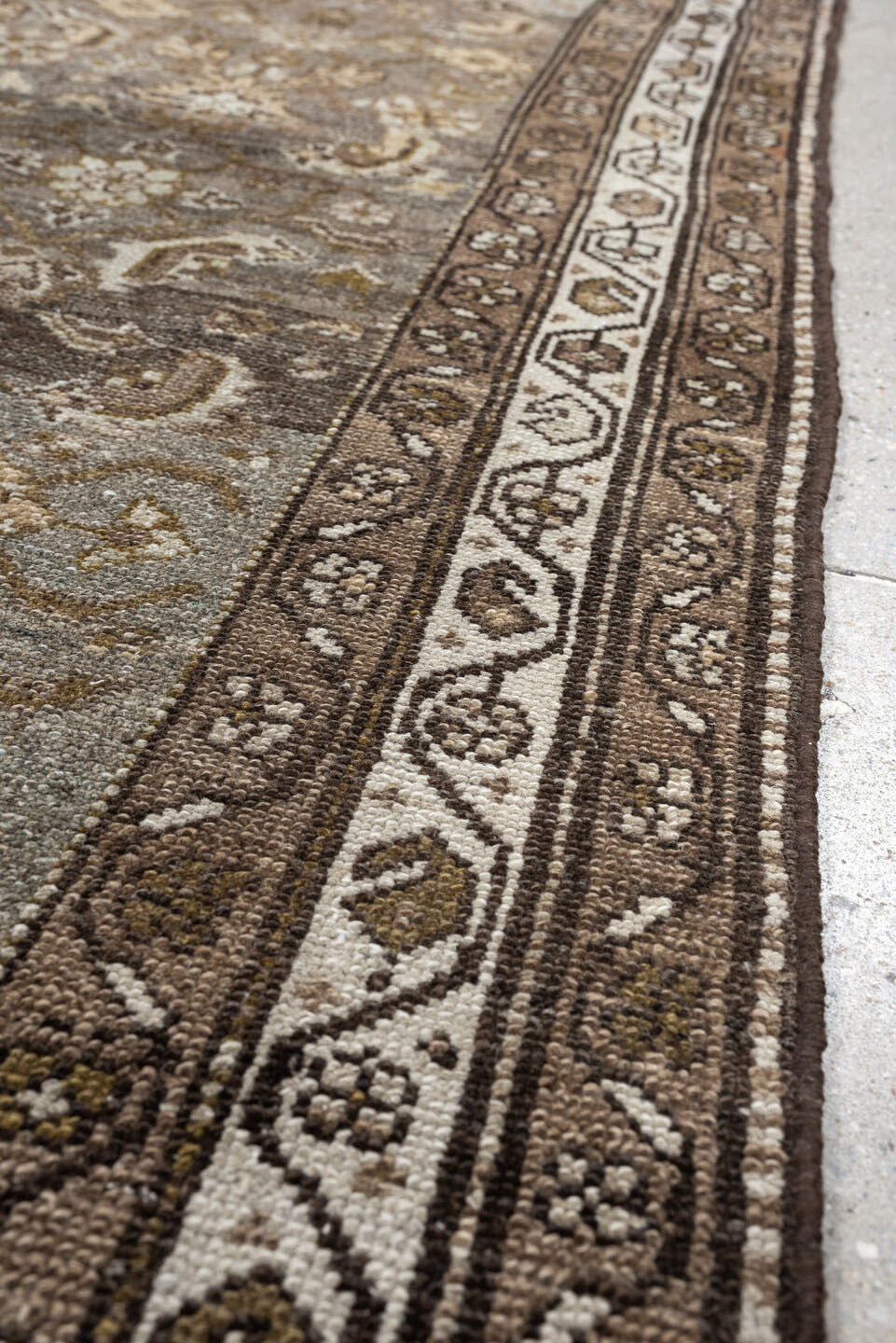 4' x 6' one-of-a-kind handmade antique Malayer rug. Color palette: brown, blue gray, ivory, taupe, camel, charcoal, olive
