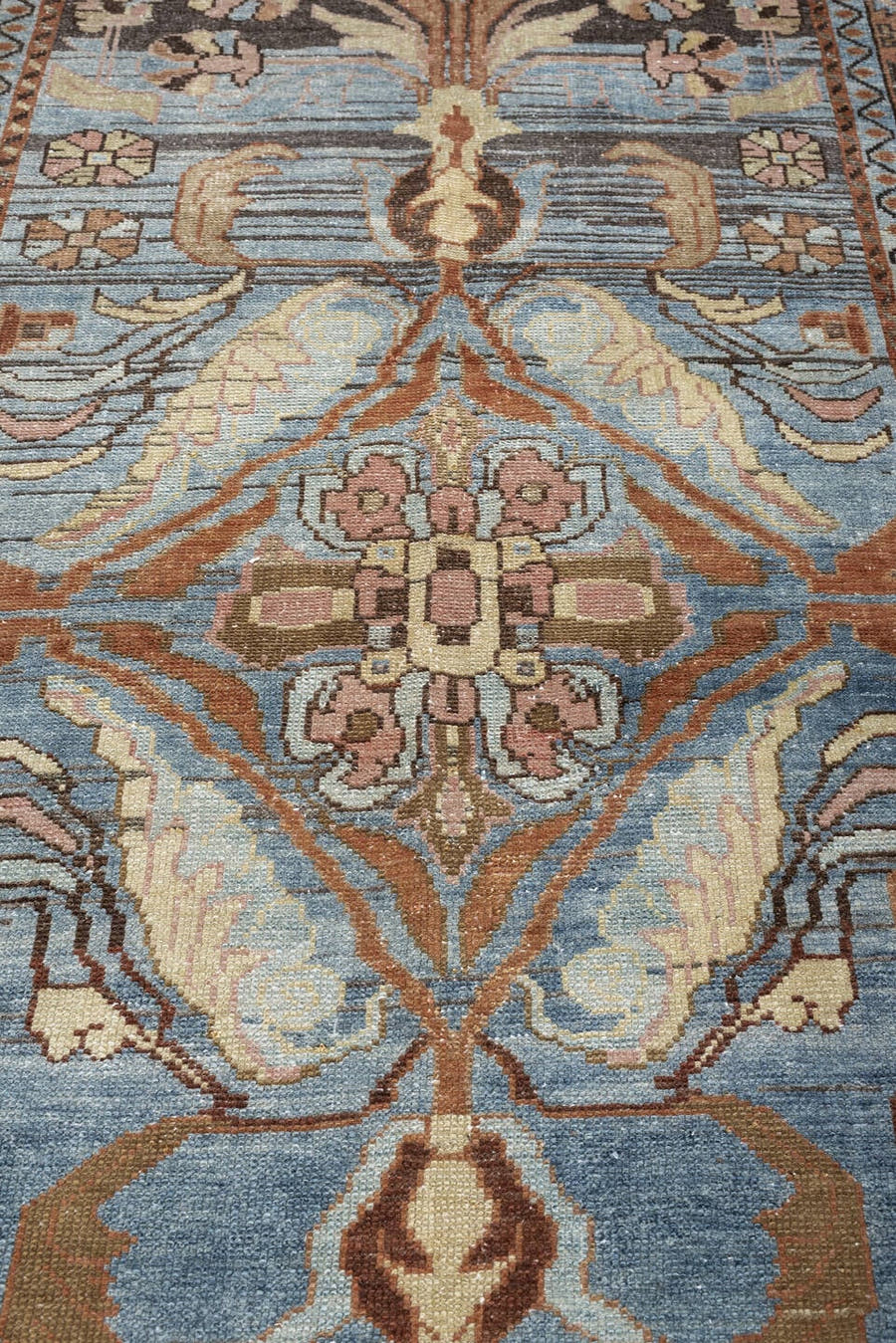 3' x 9' one-of-a-kind handmade antique Farahan runner rug. Color palette: blue gray, ivory, terracotta, charcoal, taupe
