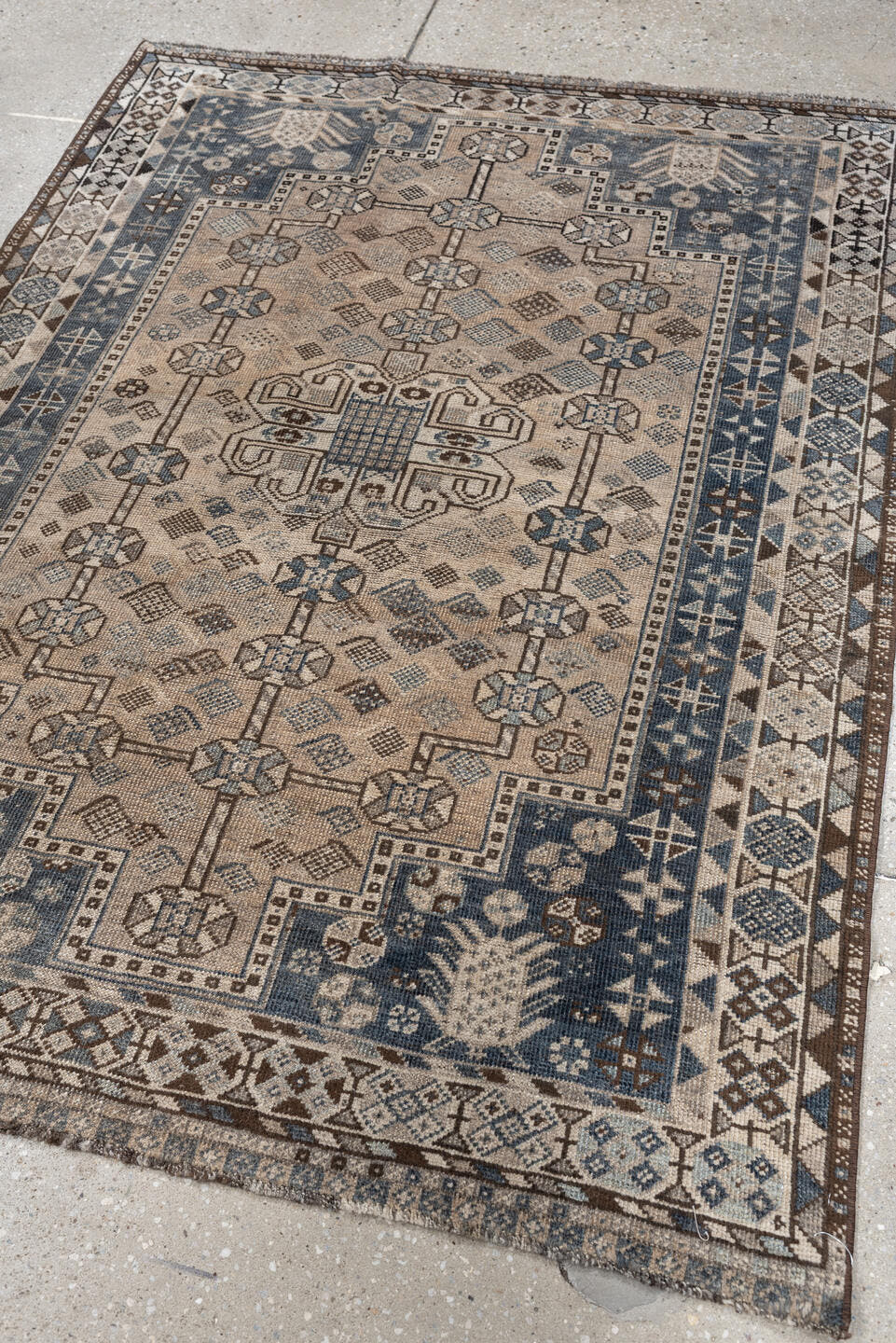 3' x 5' one-of-a-kind handmade antique Shiraz small size rug. Color palette: ivory, slate blue, taupe, brown, charcoal