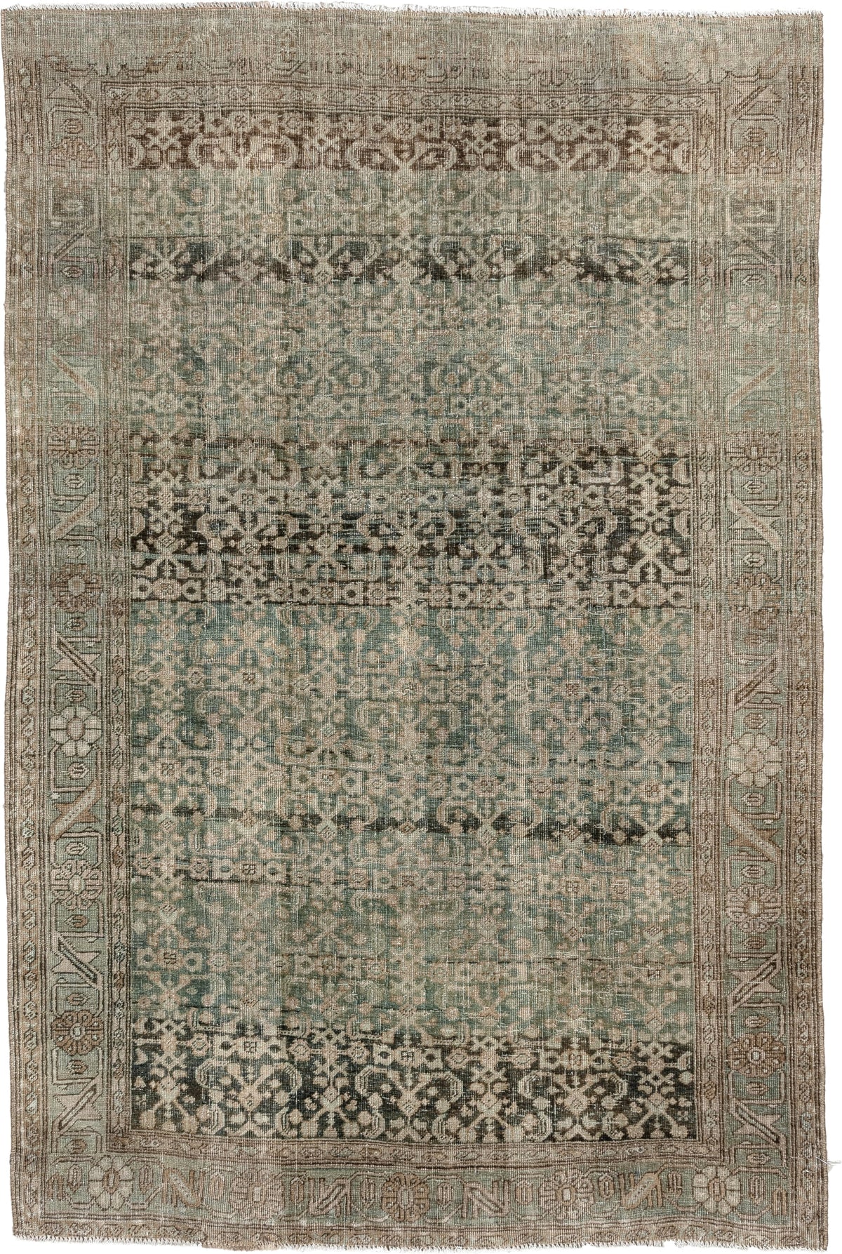 4' x 6' one-of-a-kind handmade antique Bidjar small size rug. Color palette: sage, taupe, ivory, charcoal, brown, olive