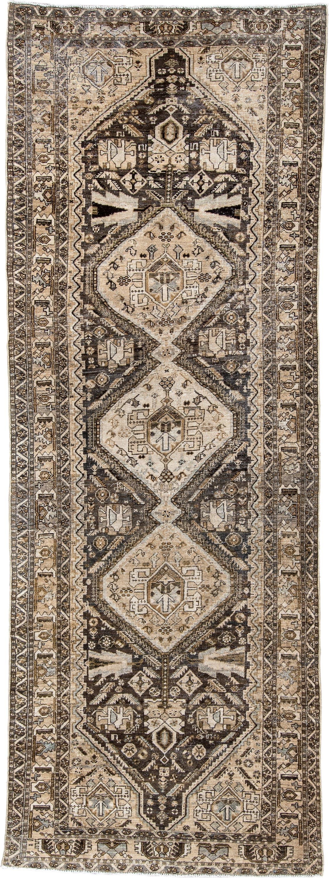 3' x 9' one-of-a-kind handmade antique Afshar runner rug. Color palette: ivory, charcoal, taupe, brown, camel, slate, ebony