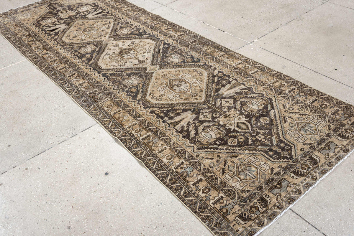 3' x 9' one-of-a-kind handmade antique Afshar runner rug. Color palette: ivory, charcoal, taupe, brown, camel, slate, ebony