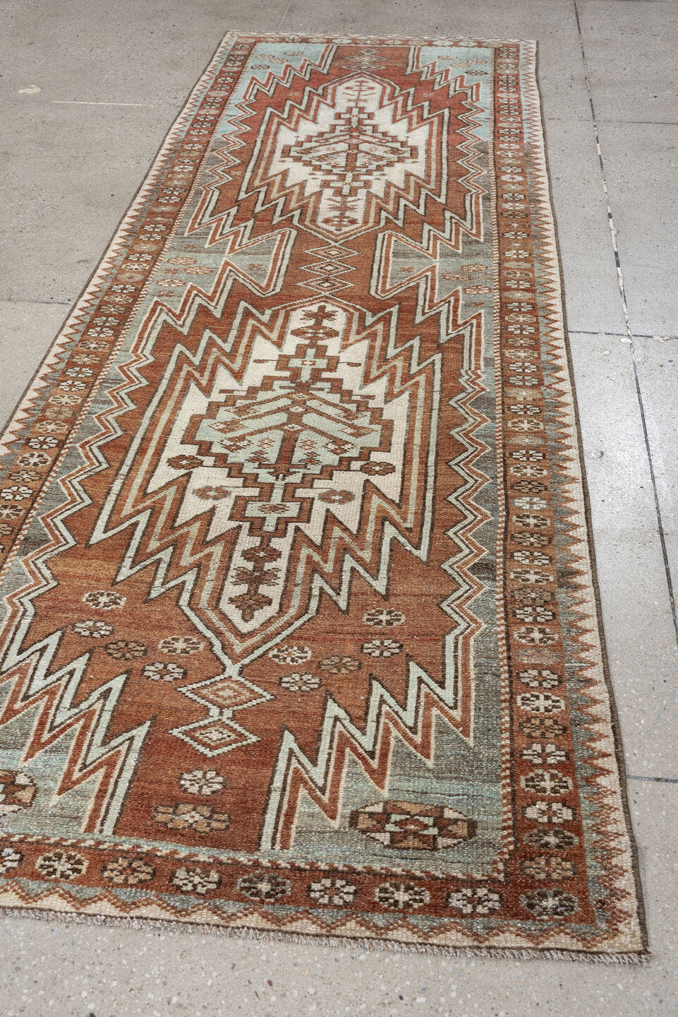 3' x 9' one-of-a-kind handmade antique Mazlagan runner rug. Color palette: rust, ivory, pale blue gray, terracotta, charcoal