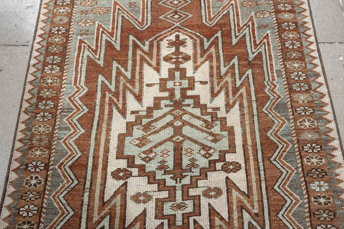 3' x 9' one-of-a-kind handmade antique Mazlagan runner rug. Color palette: rust, ivory, pale blue gray, terracotta, charcoal
