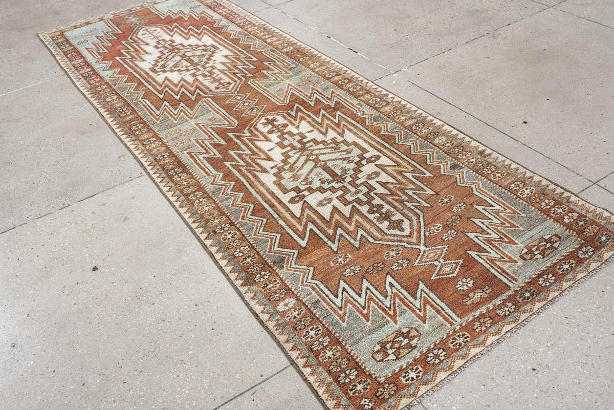 3' x 9' one-of-a-kind handmade antique Mazlagan runner rug. Color palette: rust, ivory, pale blue gray, terracotta, charcoal